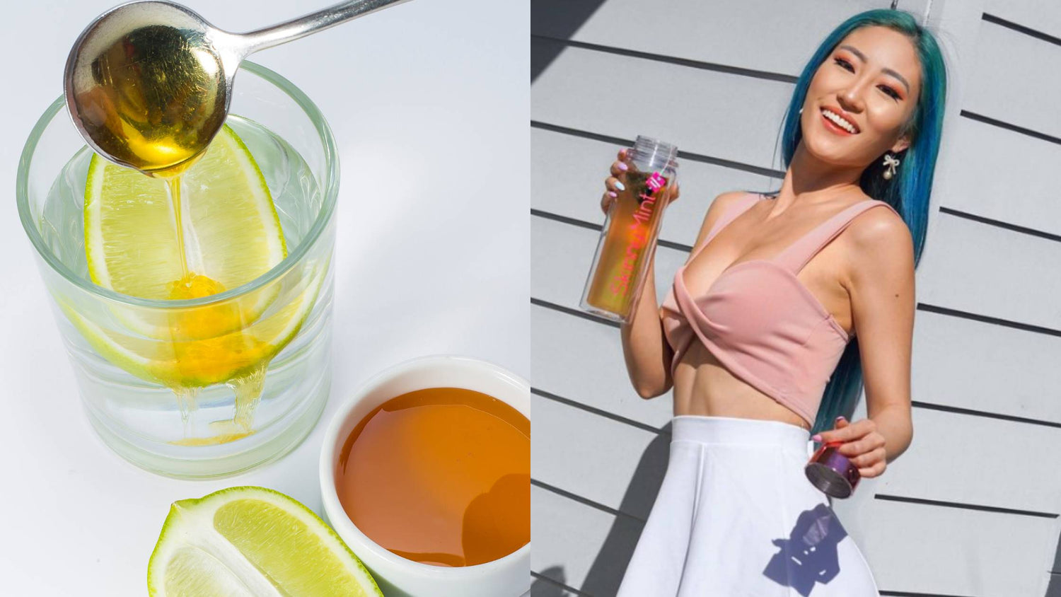 Honey lemon water for weight loss alongside a model holding a bottle of 28 Day Teatox.