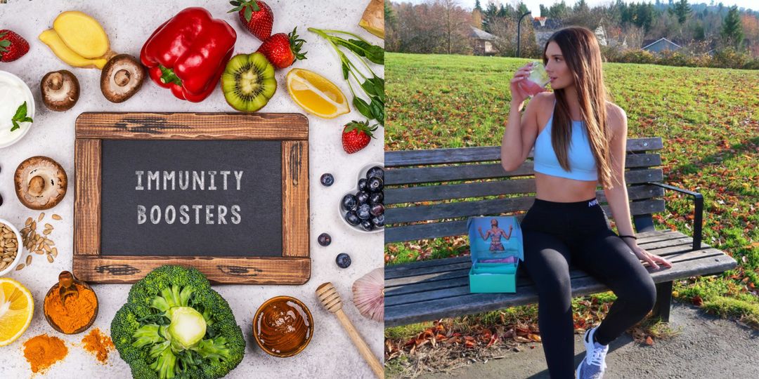A chalkboard saying "Immunity Boosters" and surrounded by vegetables and fruits. On the right, a model drinking Super Lean Shots