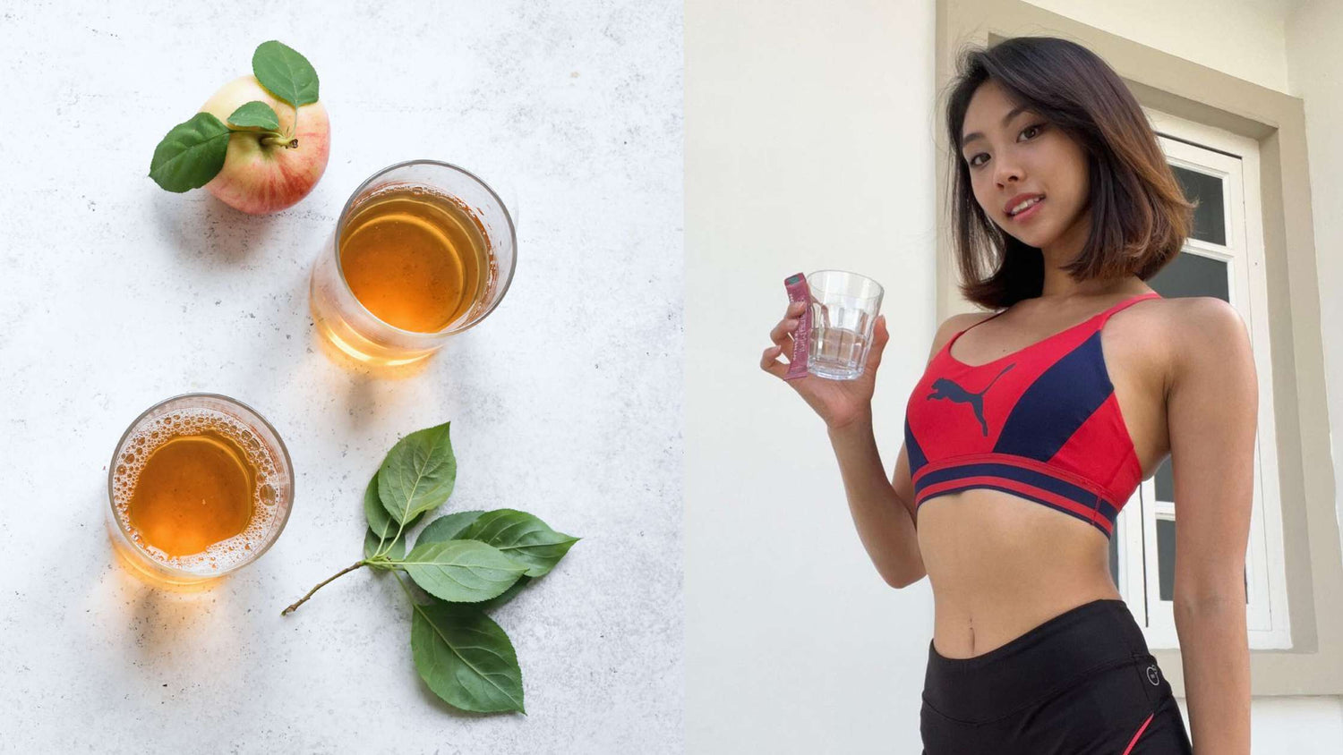 Apple cider vinegar shots for weight loss and a model holding a glass of water and Super Lean Shots.