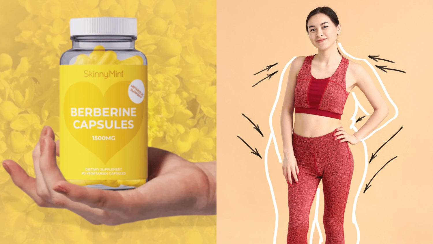 SkinnyMint Beberine Capsules and model who has lost weight naturally.
