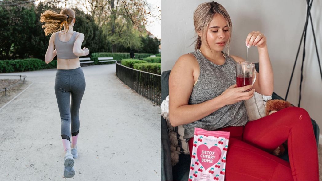 Woman jogging and woman drinking Detox Cherry Bomb to create a calorie deficit.