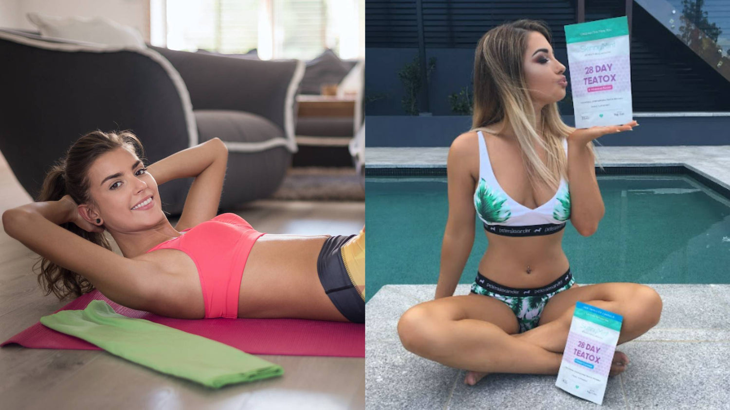 Woman doing crunches and woman drinking 28 Day Teatox to get a flat tummy.