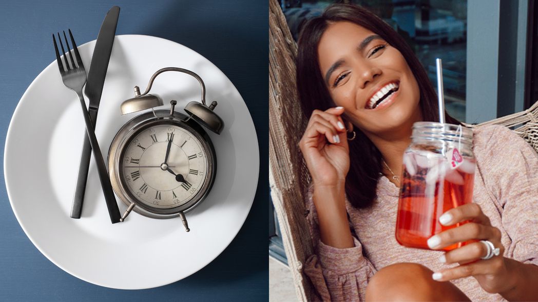 A plate with knife, fork, and a clock to signify intermittent fasting on the left. A model drinking Detox Cherry Bomb tea on the right.