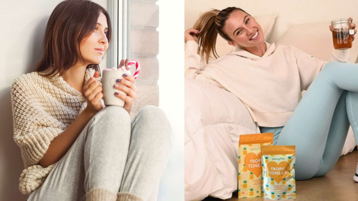 Woman drinking hot chocolate and woman drinking Tropic Tone Up during the holidays.