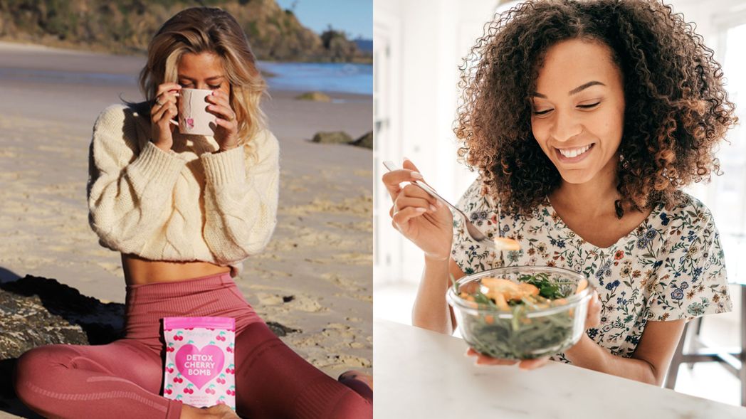 Woman drinking SkinnyMint Detox Cherry Bomb and a woman eating a salad bowl.